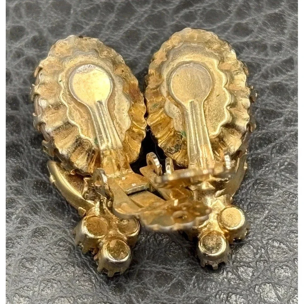 Vintage Dragon Egg Marble Pink Cabochon Crystal Rhinestone Clip Earrings READ